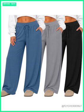 Plus Size Lounge Pants Wide Leg Sweatpants Drawstring Pockets 3 Pack